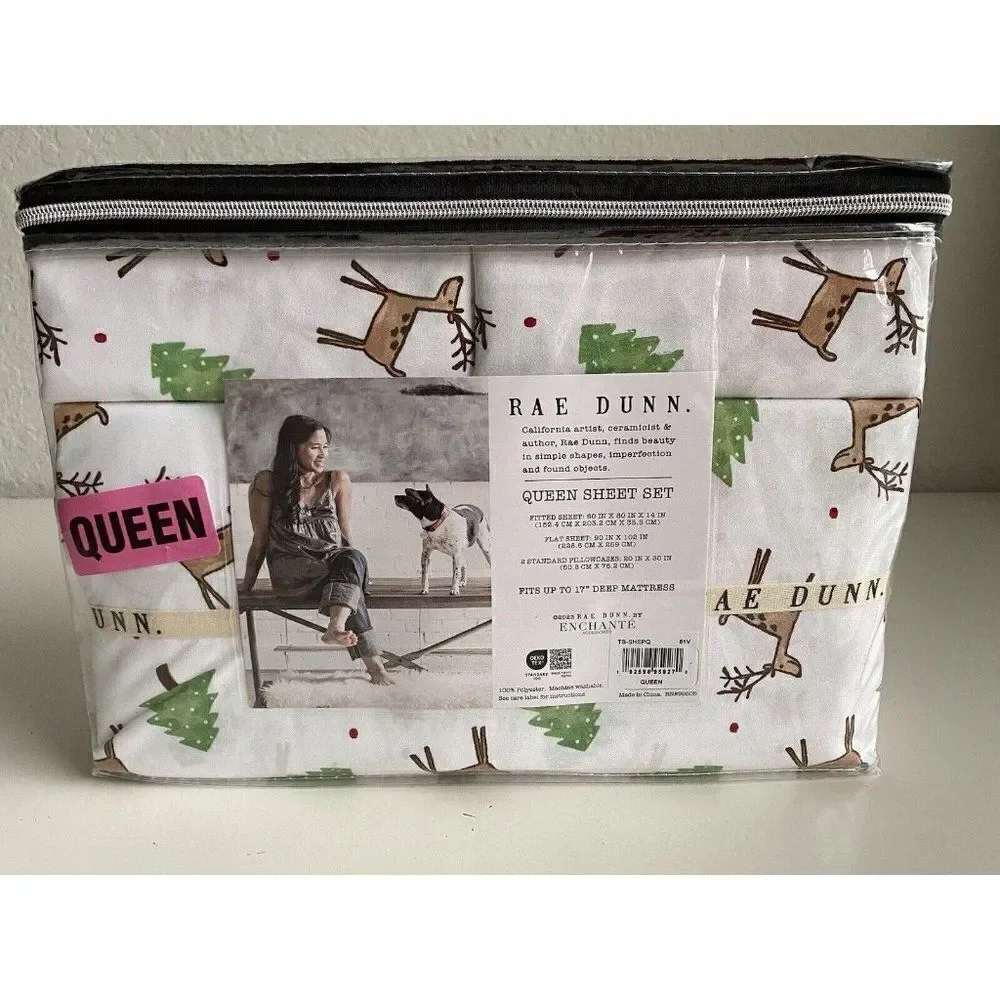 Rae Dunn Reindeer Christmas Tree Soft Queen Size Sheet‎ Set Holiday 4 Piece NEW